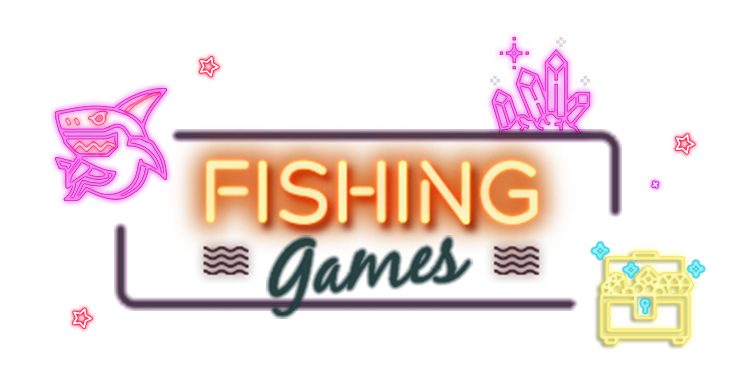 Lighten up neon style shark, treasure box and crystal with link to Rescuebet fishing game page.